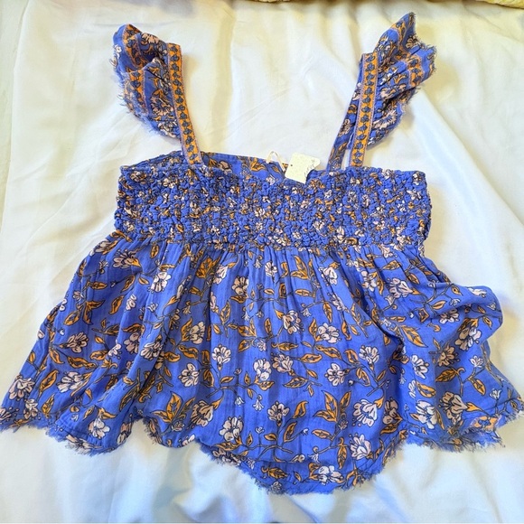 Free People Tops - NWT Free People Large Cotton Nala Floral Babydoll Top Blue Orange Cotton